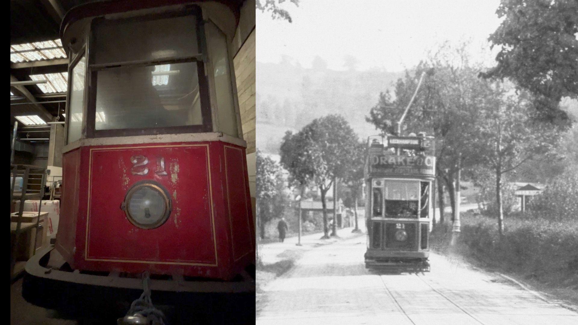 A side by side image of the tram being used and how it looks now. The image on the right is the tram going up Leckhampton Hill. It's got trees on either side and the number 21 blazoned on the it's front. The top deck has advertising boards saying 'drakes'