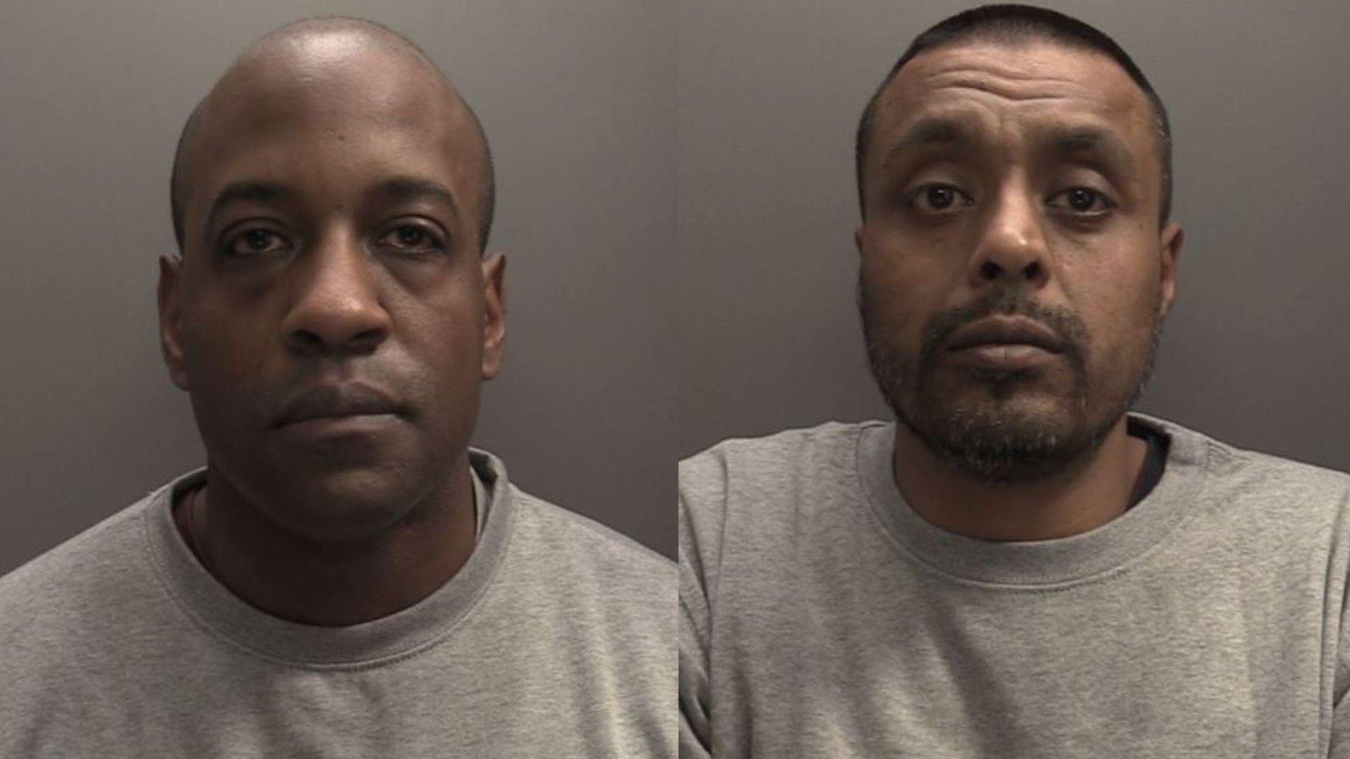 Police mugshots of a composite image of two of the men. They are both wearing grey jumpers, one is bald and clean shaven and the other has short black hair and stubble.