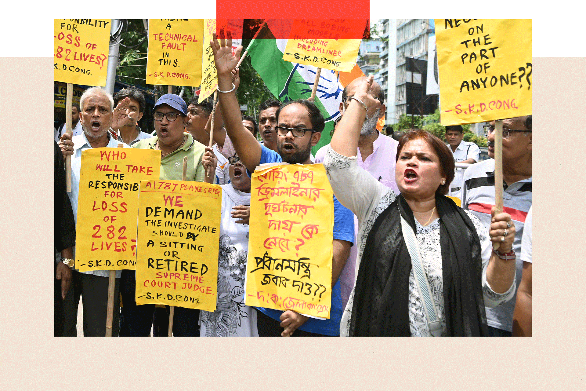 Supporters and members of the Indian National Congress Party protest against the Indian government over an Air India plane crash on 16 June 2025.