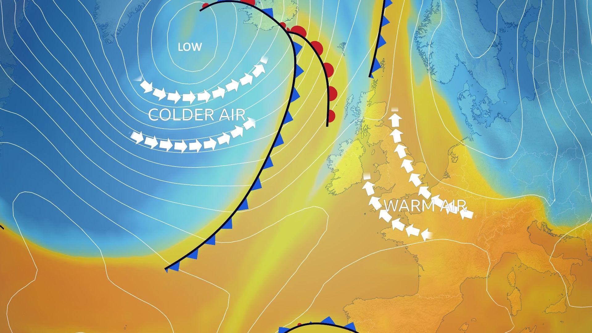 Map of UK and Atlantic showing warm air over the UK on south-easterly wind. A weather front is to the west of the UK and following that further west is colder air and north-westerly winds
