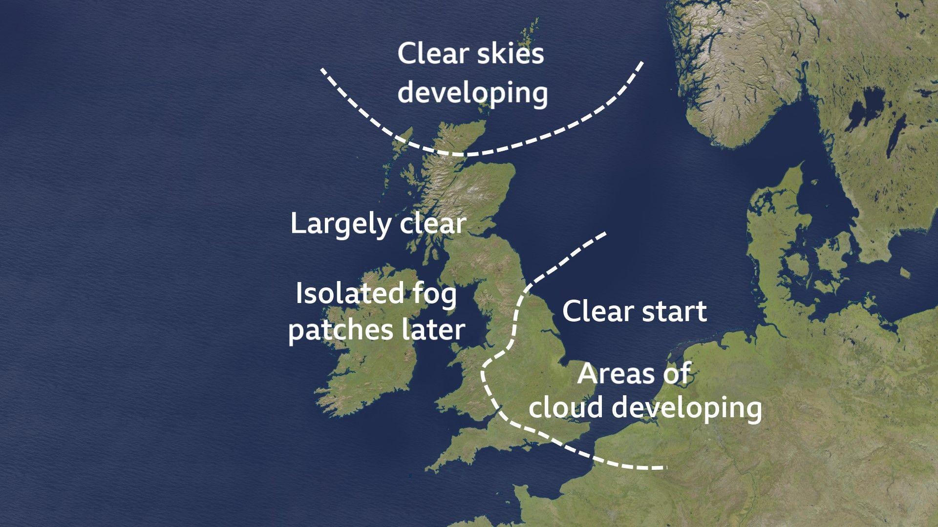 UK map showing "clear skies developing" in northern Scotland, a "clear start and areas of cloud developing" in east and central England, and "largely clear with isolated fog patches later" elsewhere