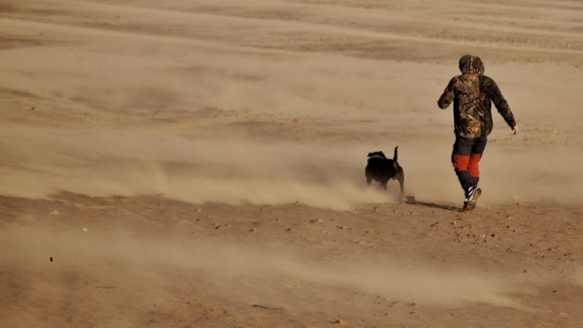 A person and their dog run along a windy Seaburn beach. Sand is being whipped into the air.