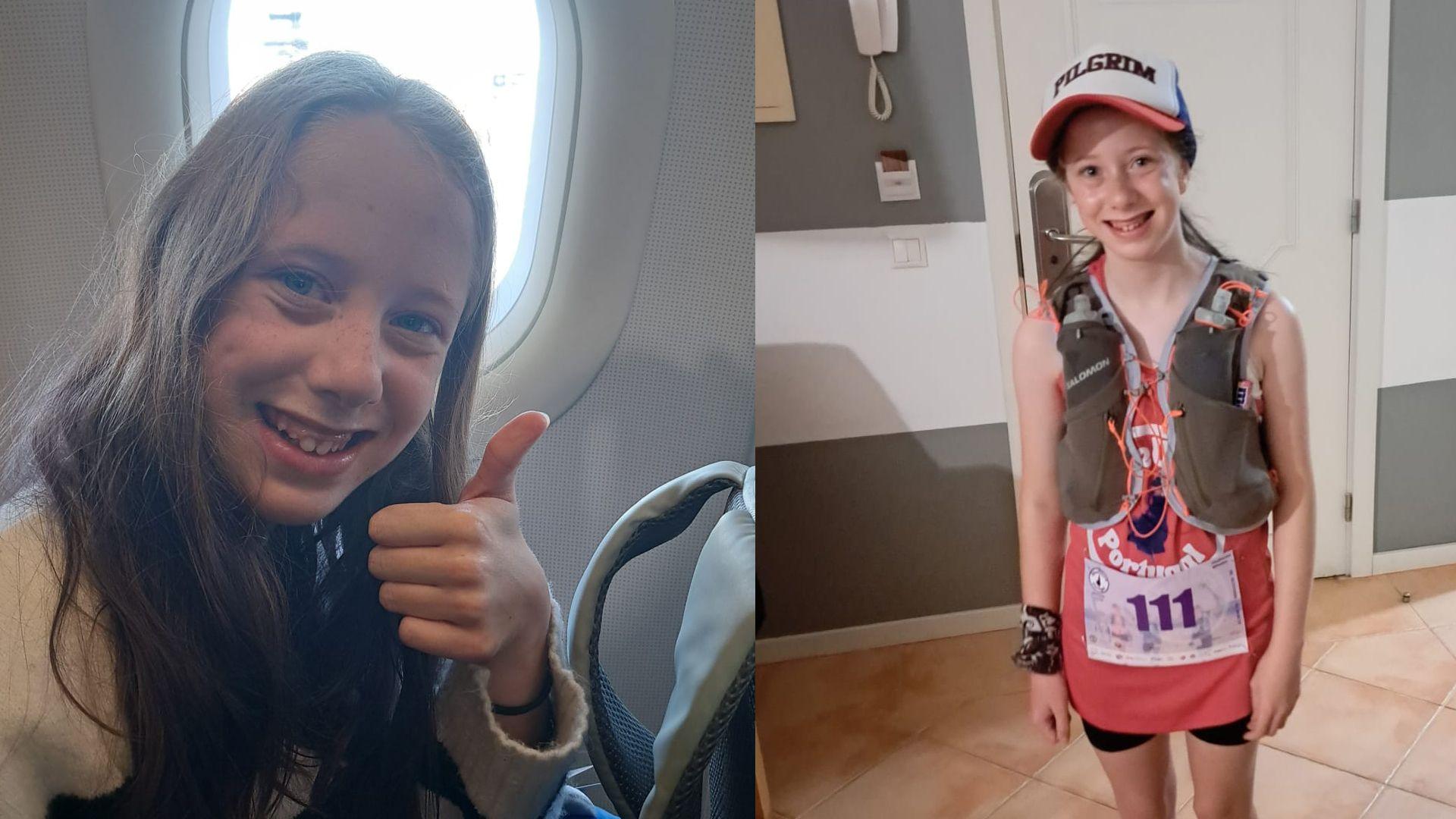 Awel ar awyren, ac Awel yn ei gwisg rhedeg