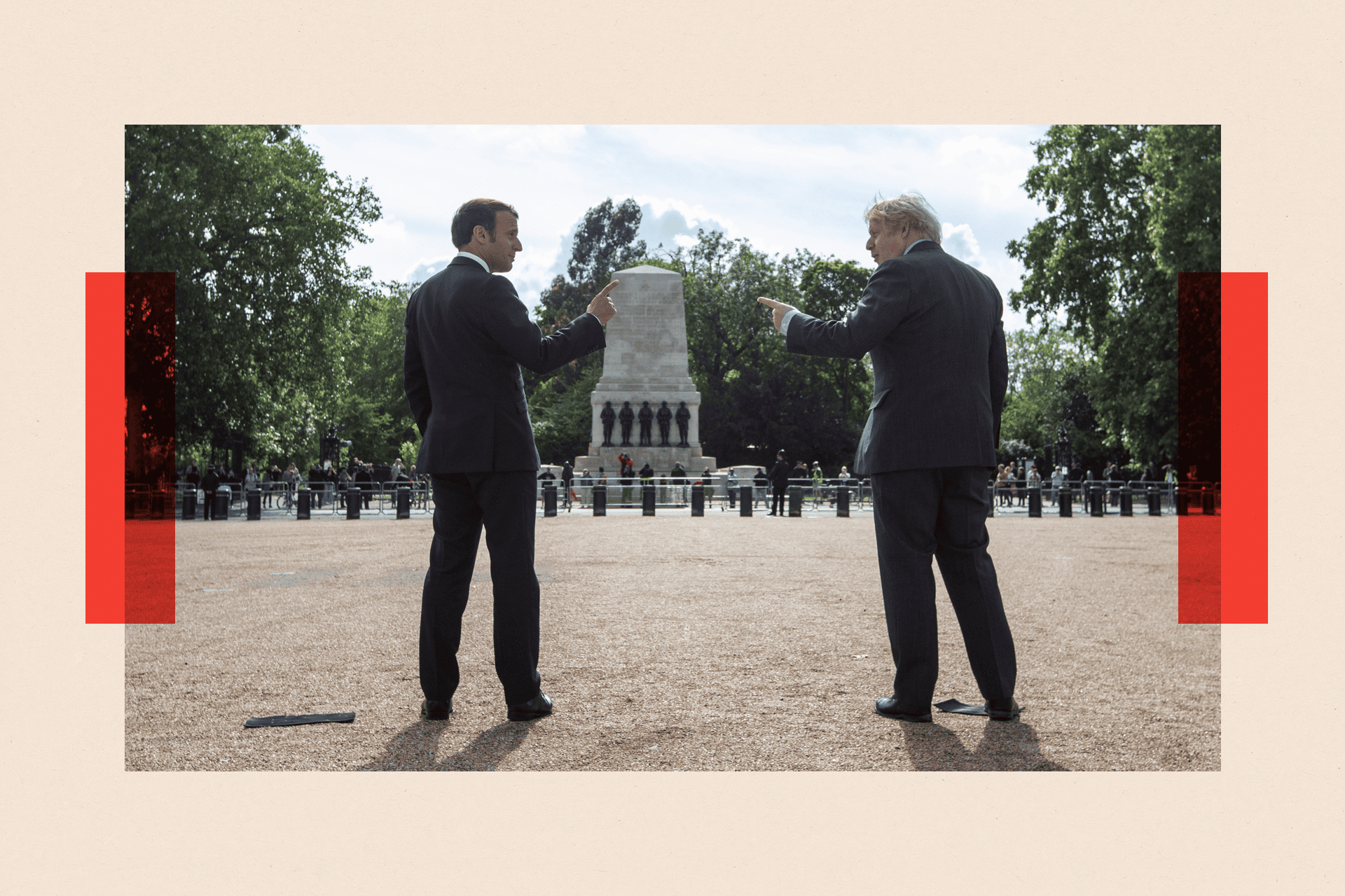 Boris Johnson and Emmanuel Macron point at each other on 18 June 2020 in London, England.
