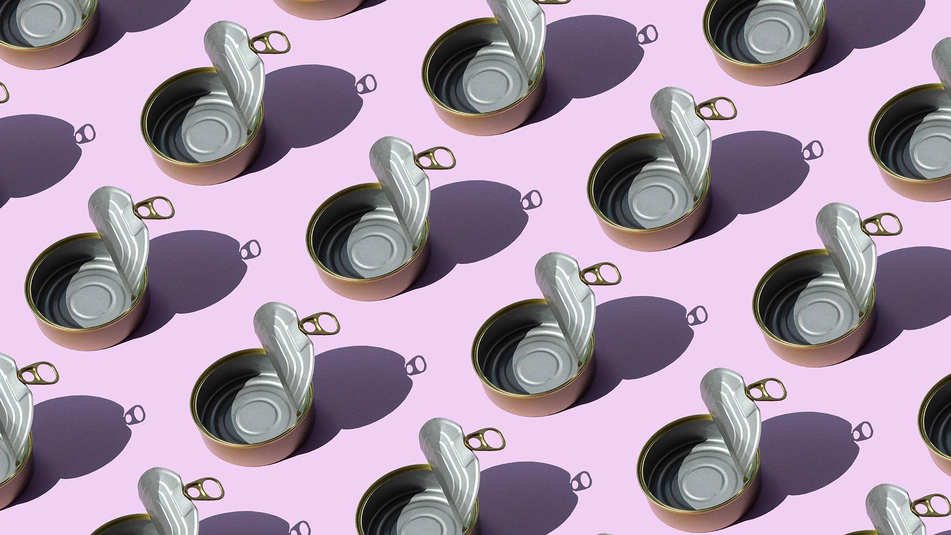 Pattern of repeated small tin cans on a purple background