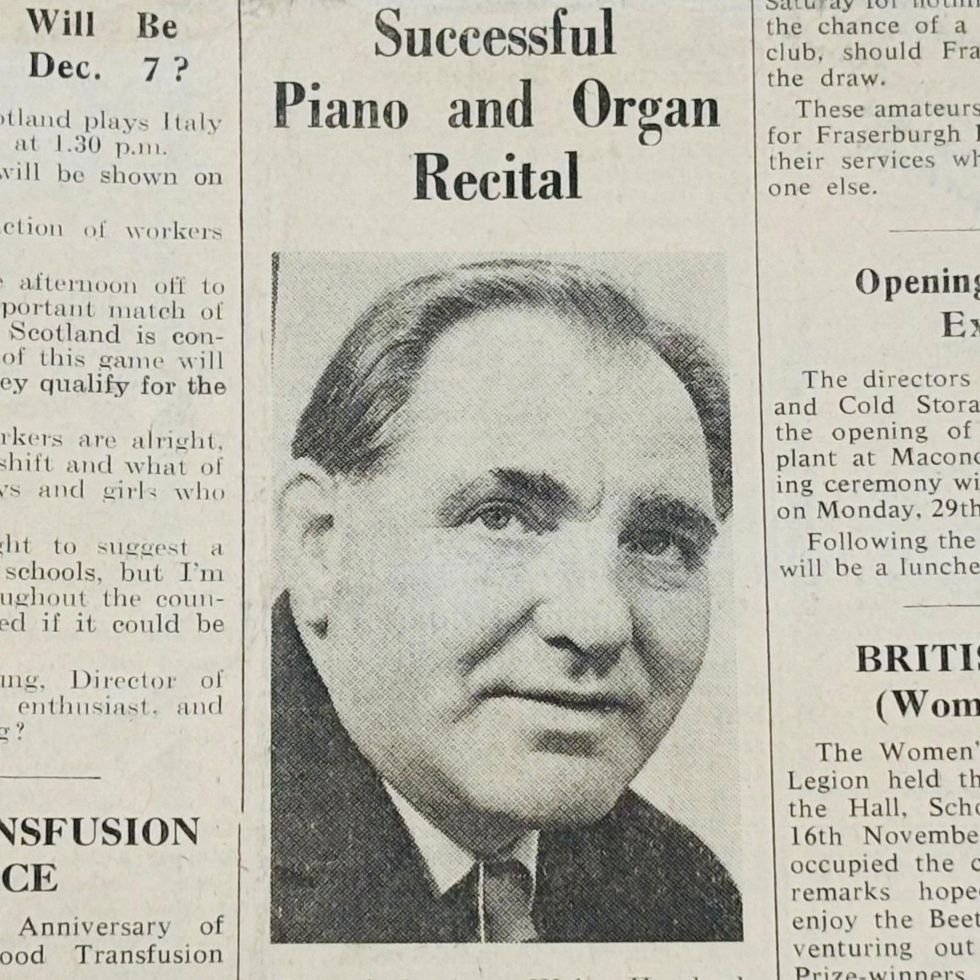 Newspaper cutting showing Walter Hambock, under a headline 'successful piano and organ recital'.