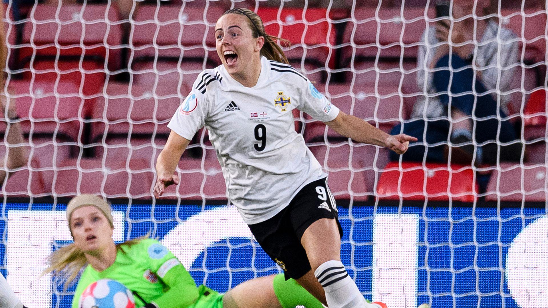 Simone Magill celebrates Julie Nelson's goal