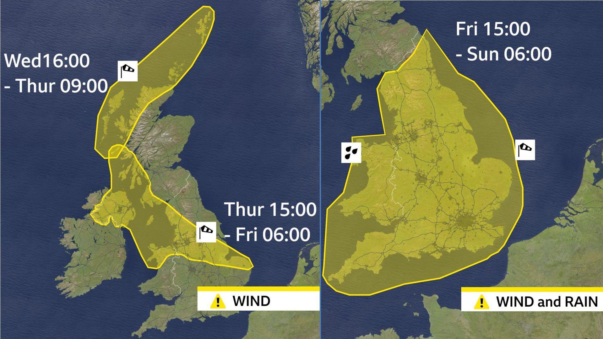 Two maps showing the areas covered by yellow weather warnings. The first shows a yellow warning for wind in north-west Scotland, valid from 16:00 on Wednesday until 09:00 on Thursday, and a yellow warning for wind in Northern Ireland, south-west Scotland, parts of northern England and Wales, valid from 15:00 on Thursday to 06:00 on Friday. The second shows a yellow warning for wind and rain, covering England and Wales, valid from 15:00 on Friday to 06:00 on Sunday.