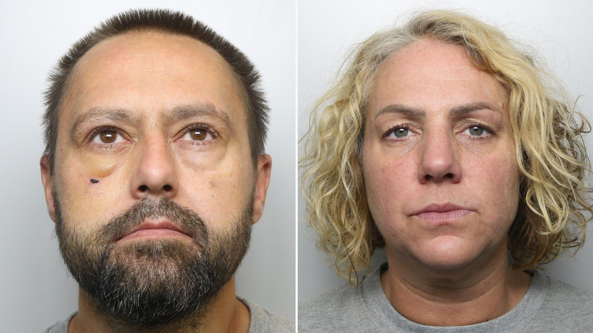 A police mug shot of Keith Wilcox who has short, dark hair and a beard alongside another mug shot of of Lisa Burgess, who has with shoulder length, blonde curly hair.