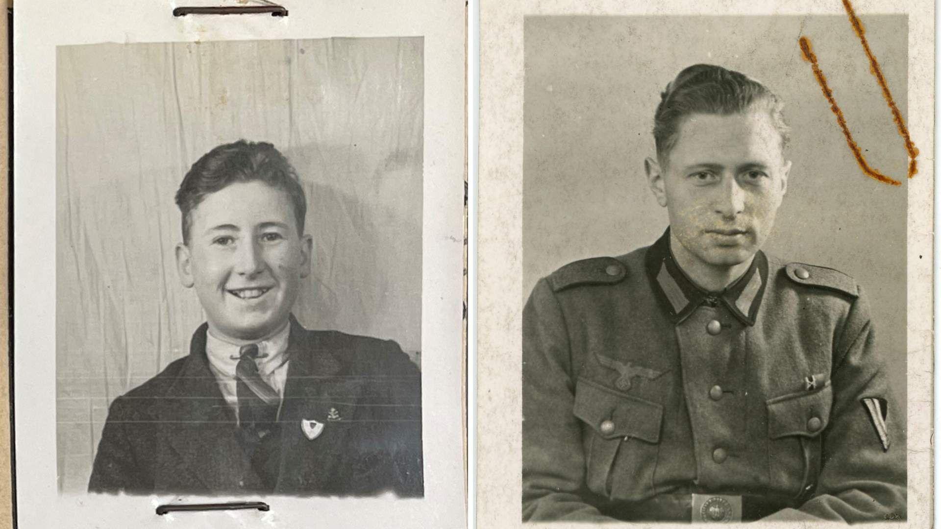 Black and white photos of a man on left in a suit and tie and a World War Two German soldier on the right.