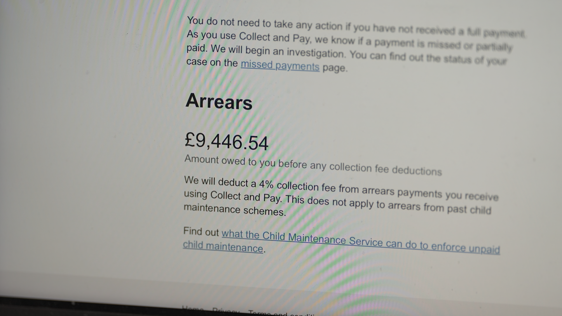 A screenshot shows Katy is owed £9,446.54 in arrears before fee deductions