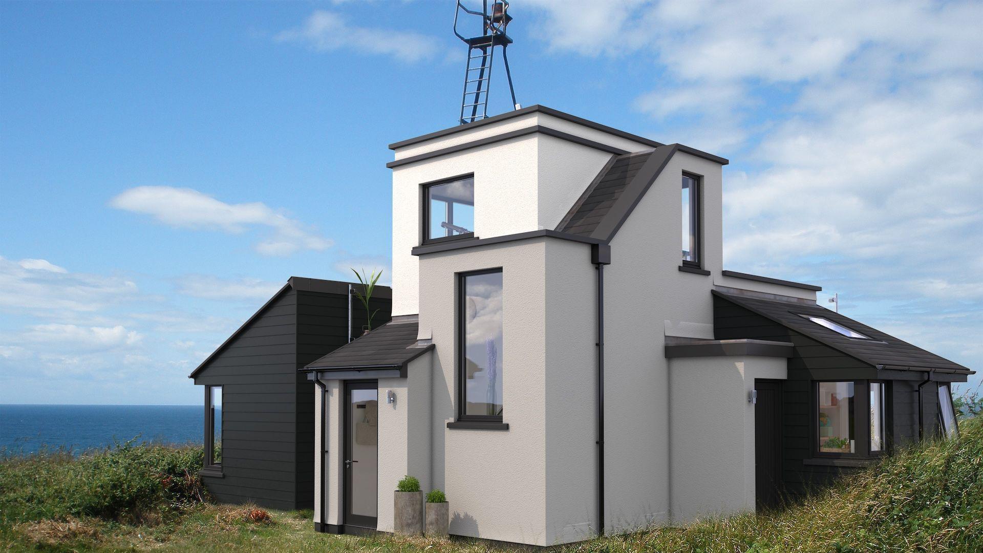 A CGI image of a white boxy structure in the Manx countryside with various layered white walls with windows and black wooden extensions. The metal lookout point from the watch tower remains on the roof and the sea can be seen in the background.