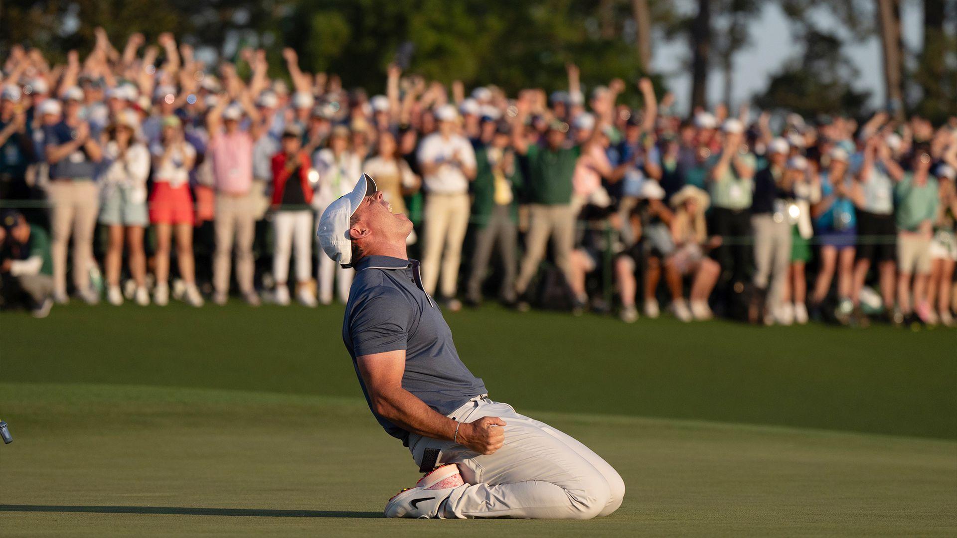 Rory McIlroy celebrates winning the Masters