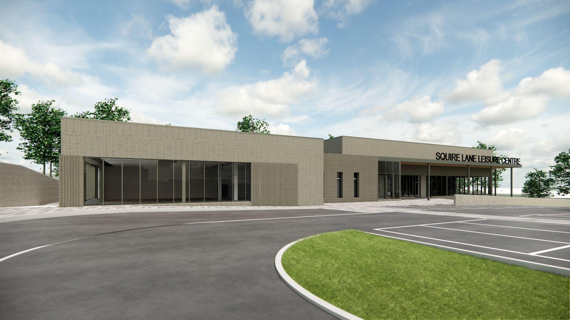 A CGI of Squire Lane Leisure Centre. A low-level, grey building with large glass windows sits behind a car park and grassy area.