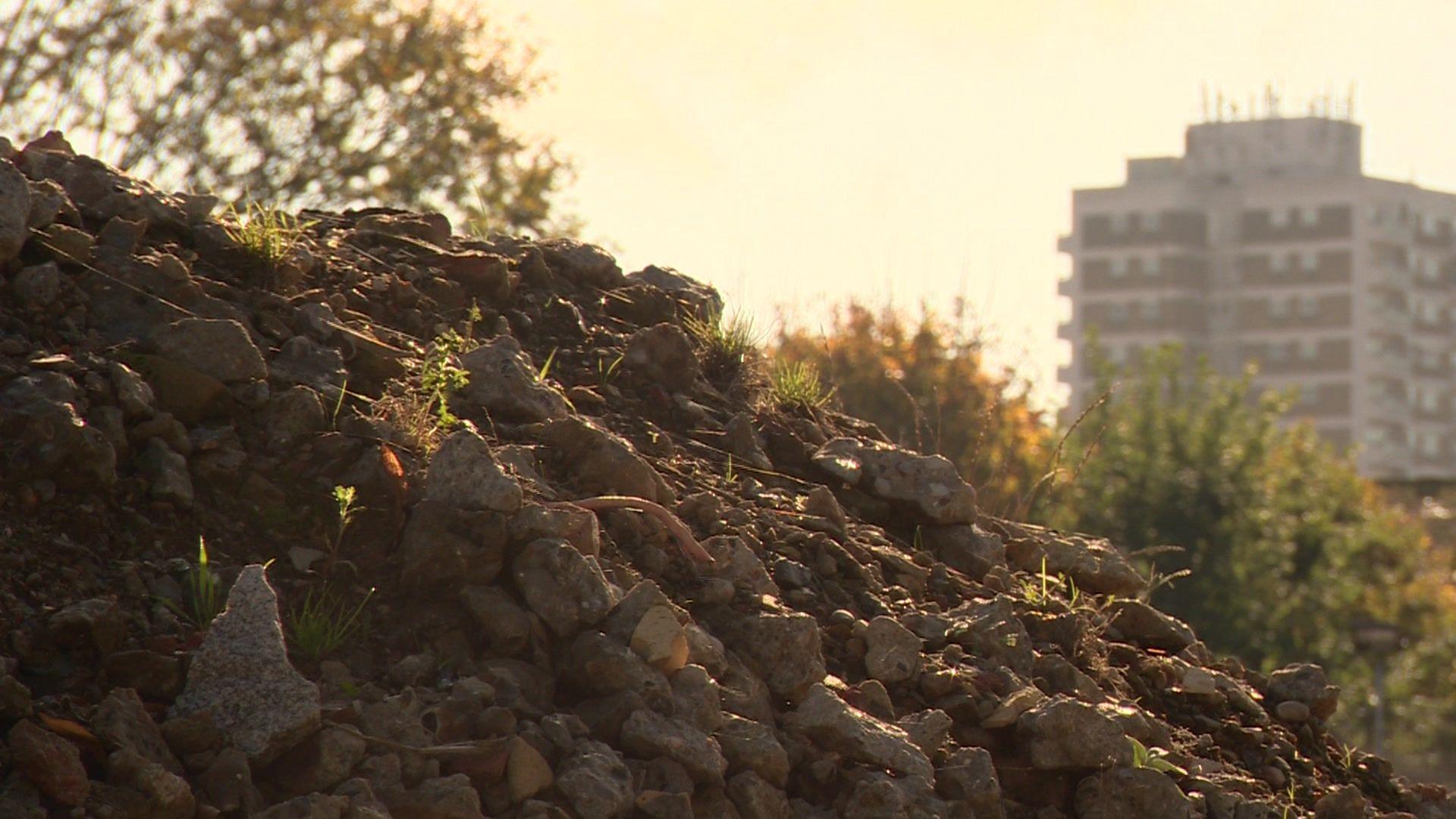 A pile of rubble with a block of flats in the background 