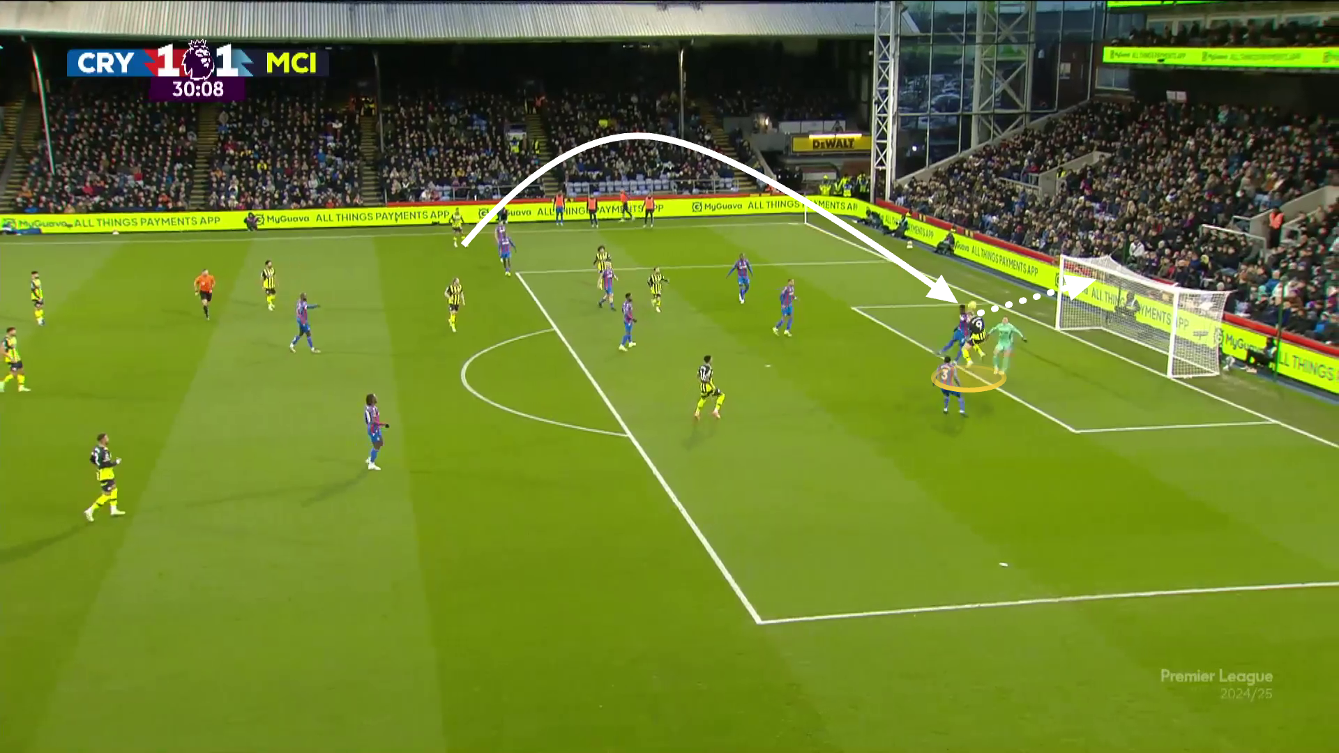 A screen grab of Haaland’s goal vs Crystal Palace in 2024 in which Matheus Nunes plays an in-swinging cross for Haaland at the back post, against Marc Guehi. 