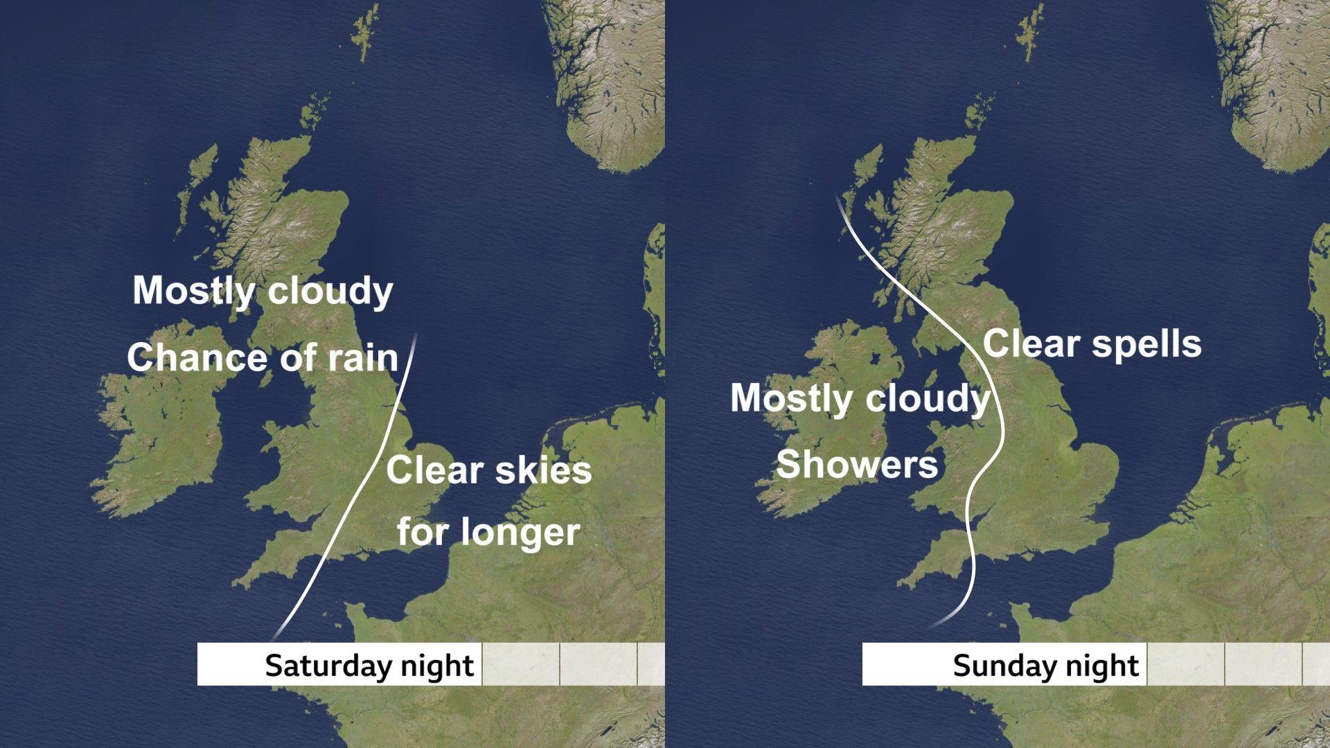 UK weather maps showing the overall weather conditions expected on Saturday night and Sunday night.