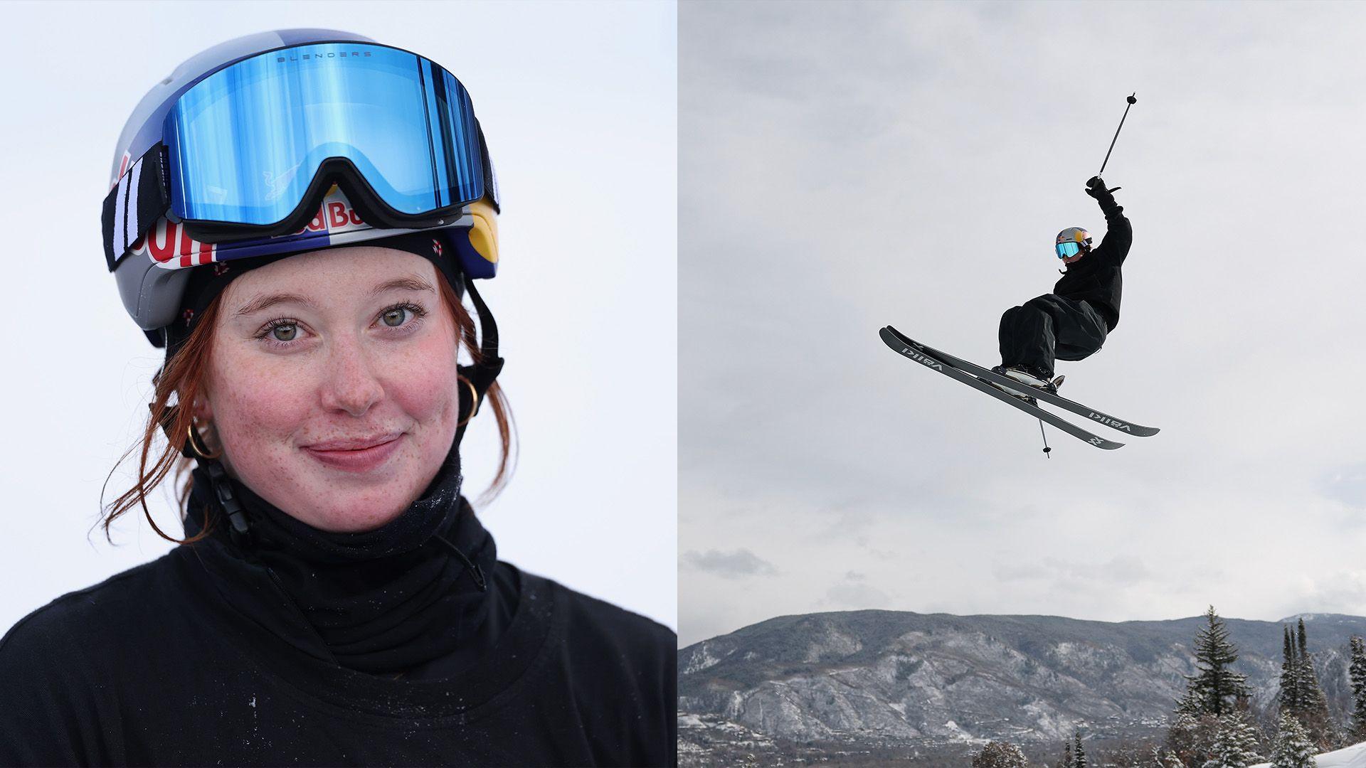 Two images side by side. The image on the left is of Kirsty Muir who is looking at the camera and smiling with her mouth shut. She is wearing her helmet and goggles on the helmet. In the image on the right, she is skiing and jumping in the air.