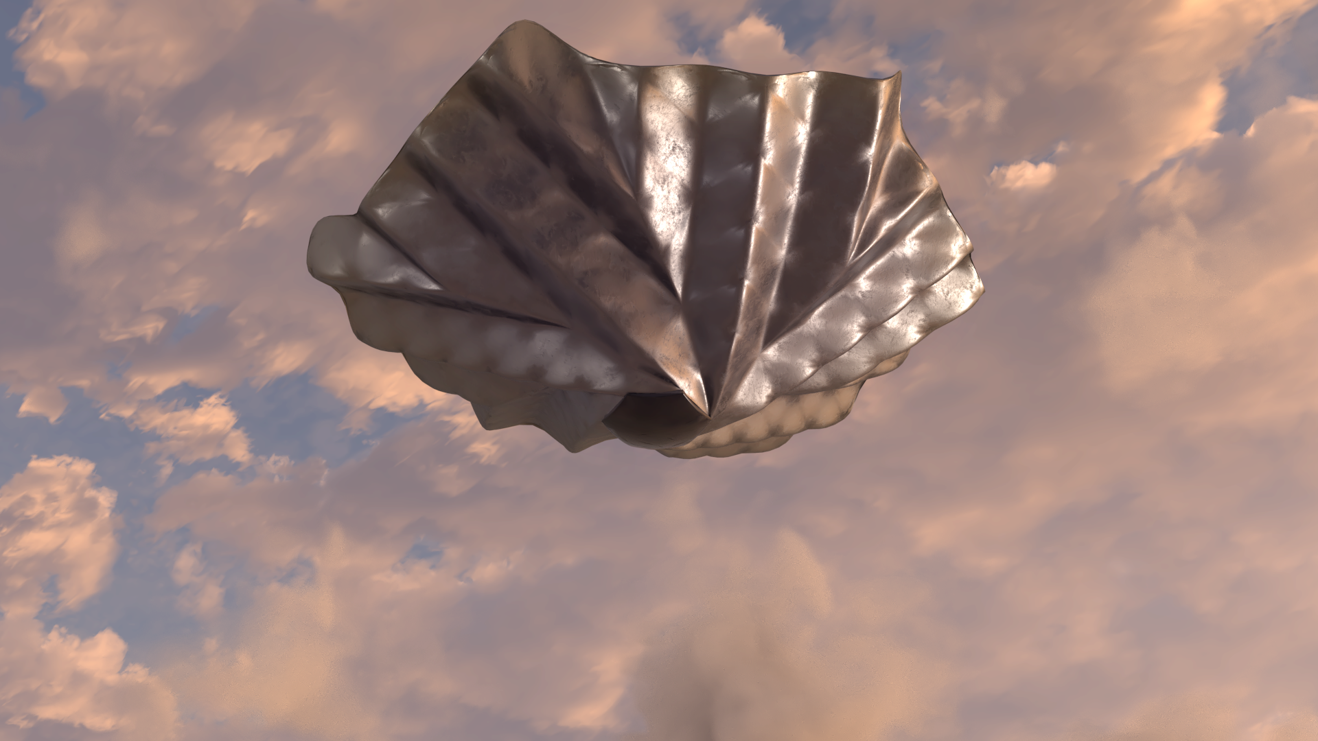 An artists impression of the Space Forge satellite with its heat shield deployed. The shield is open and is silver, with a distinctive, fan-like shape - like an opened umbrella.  In the background is a pink sunset like sky with clouds. 