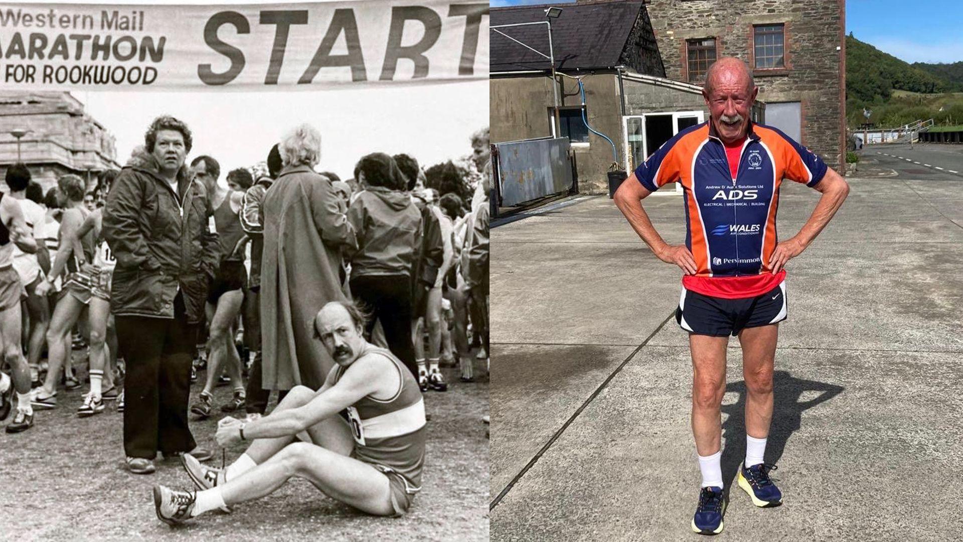 Llun du a gwyn o John cyn ras marathon a llun o John heddiw