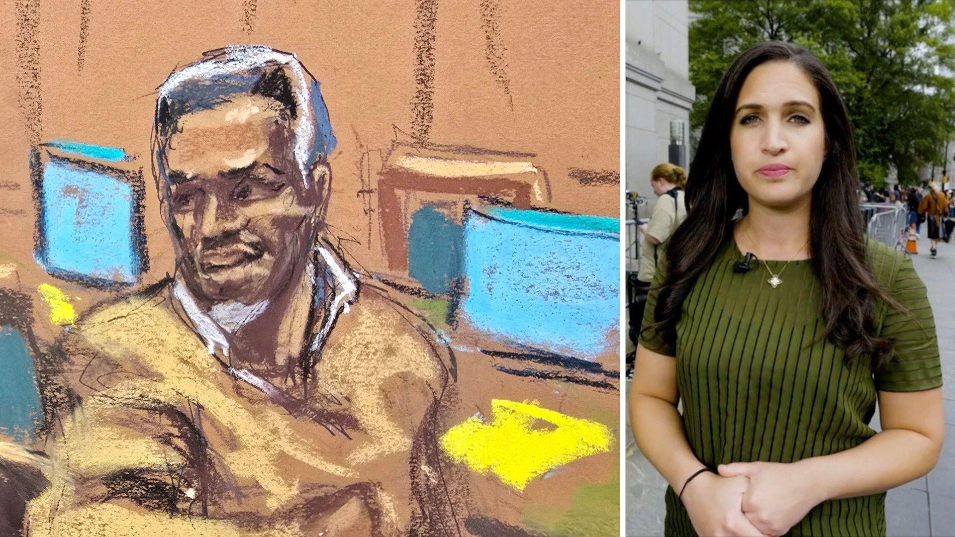 Court sketch of Diddy (L), Nada Tawfik with long brown hair and a Green top (R)