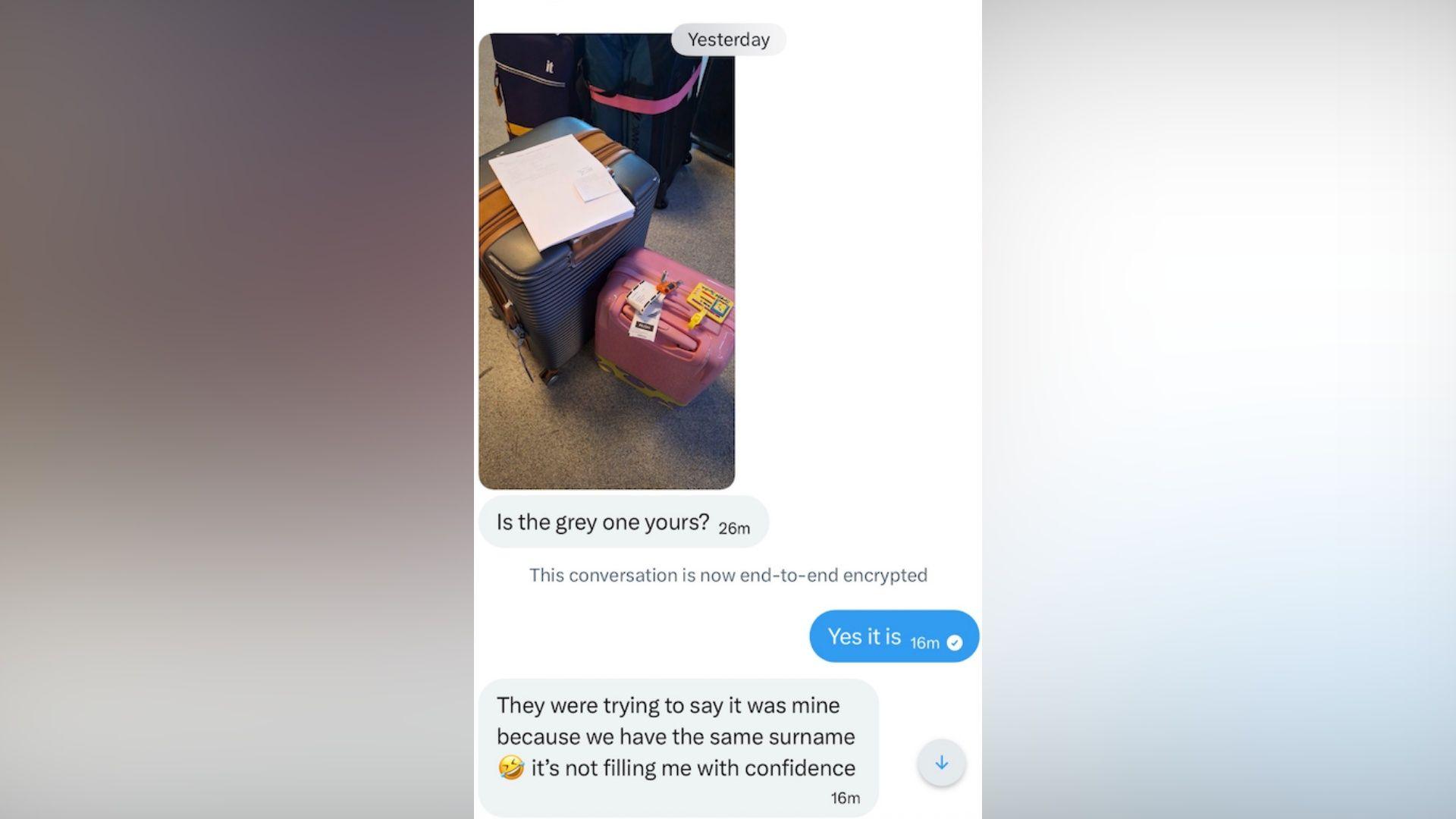 A text conversation and image of two suitcases, one grey, one pink. It reads: "Is the grey one yours? Yes it is. They were trying to say it was mine because we have the same surname. It's not filling me with confidence.