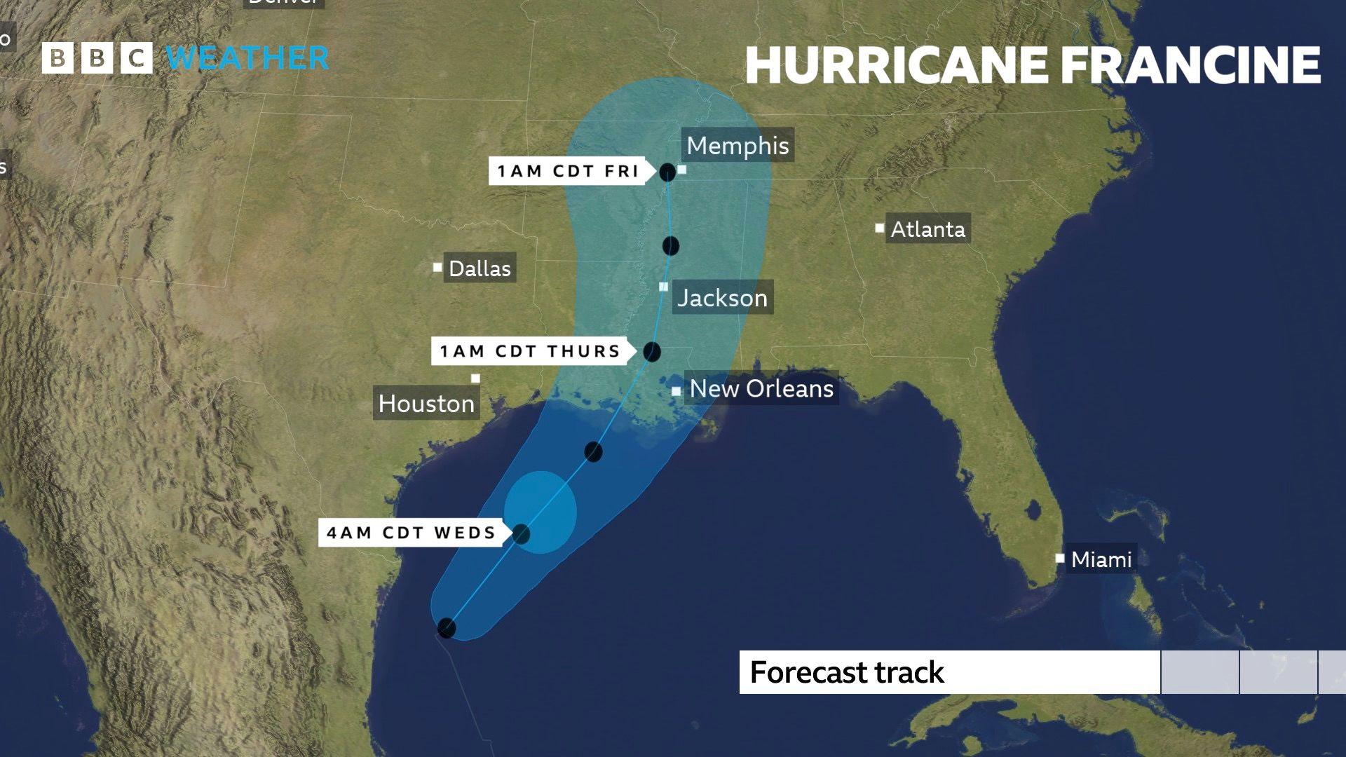 A map showing the track of Hurricane Francine in the Gulf of Mexico