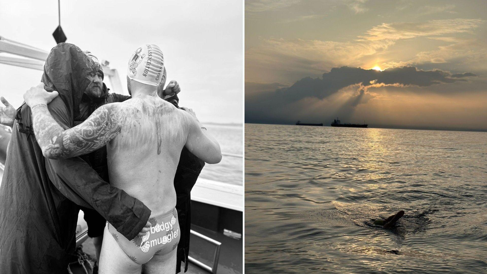 Picture on the left shows a group of men, one in swimming trunks with his back to the camera, embracing on the deck of a boat. The second image shows a dark stretch of sea with the sunset and a large tanker in the distance