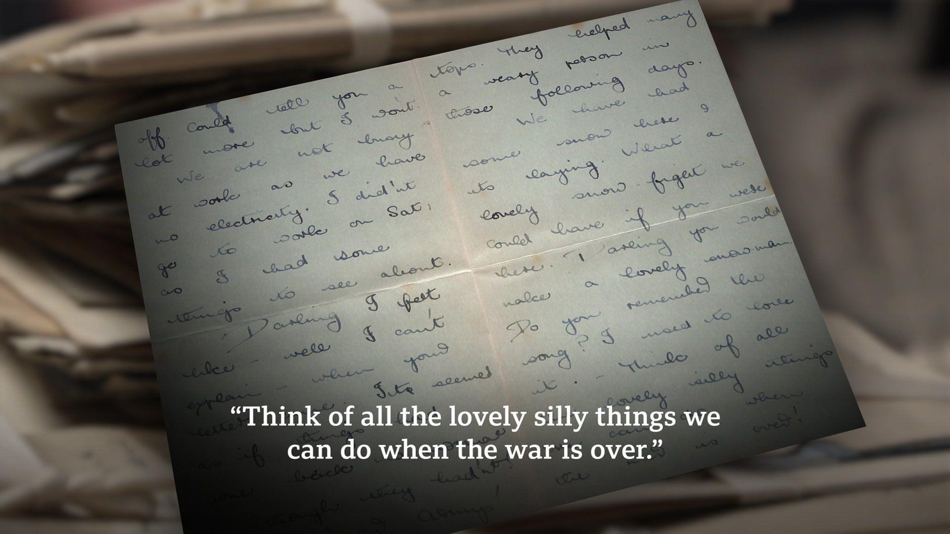 A graphic showing a letter with the quote "Think of all the lovely silly things we can do when the war is over." above it in white writing.
