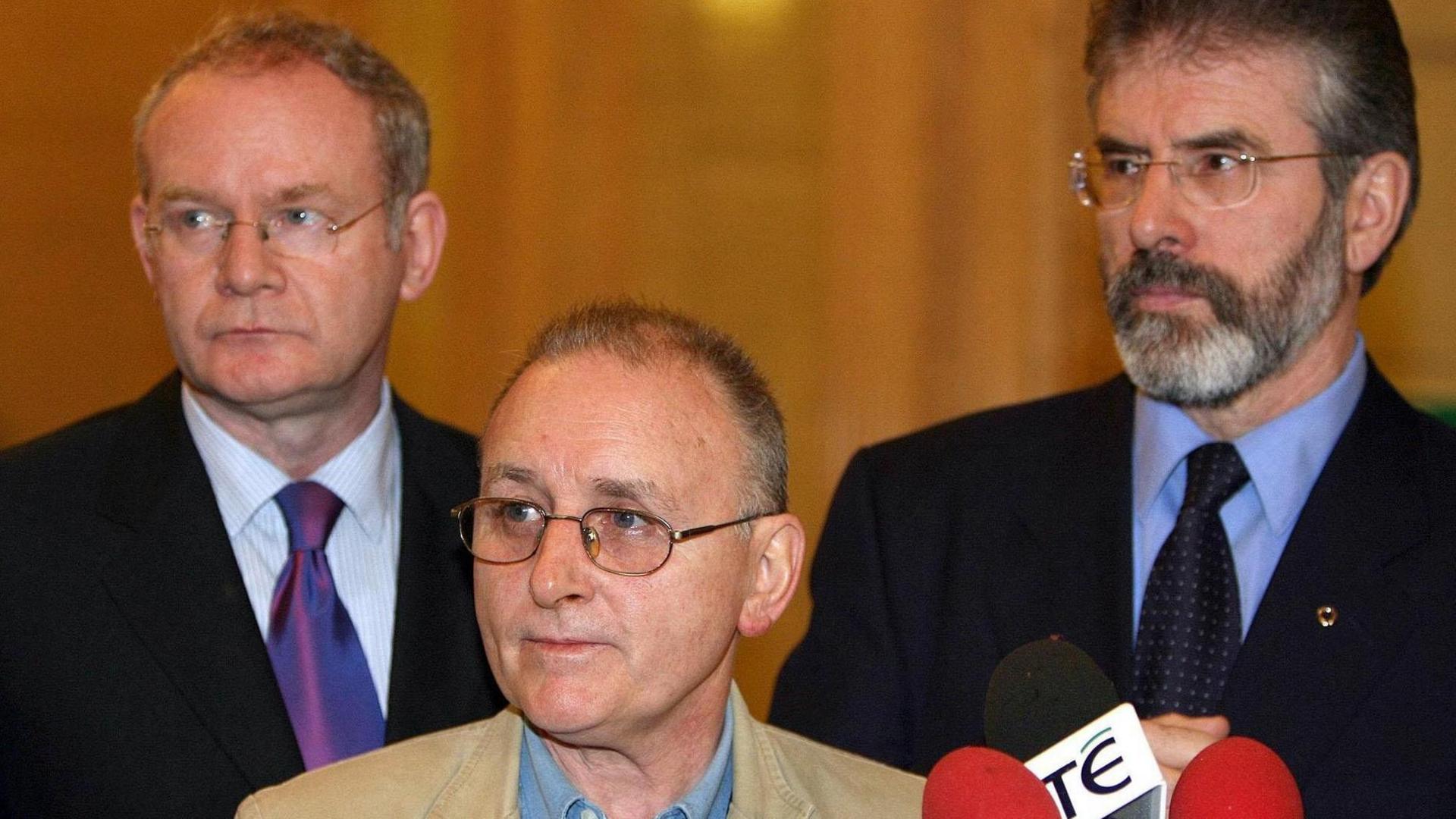 Martin McGuinness, Denis Donaldson and Gerry Adams at a media conference
