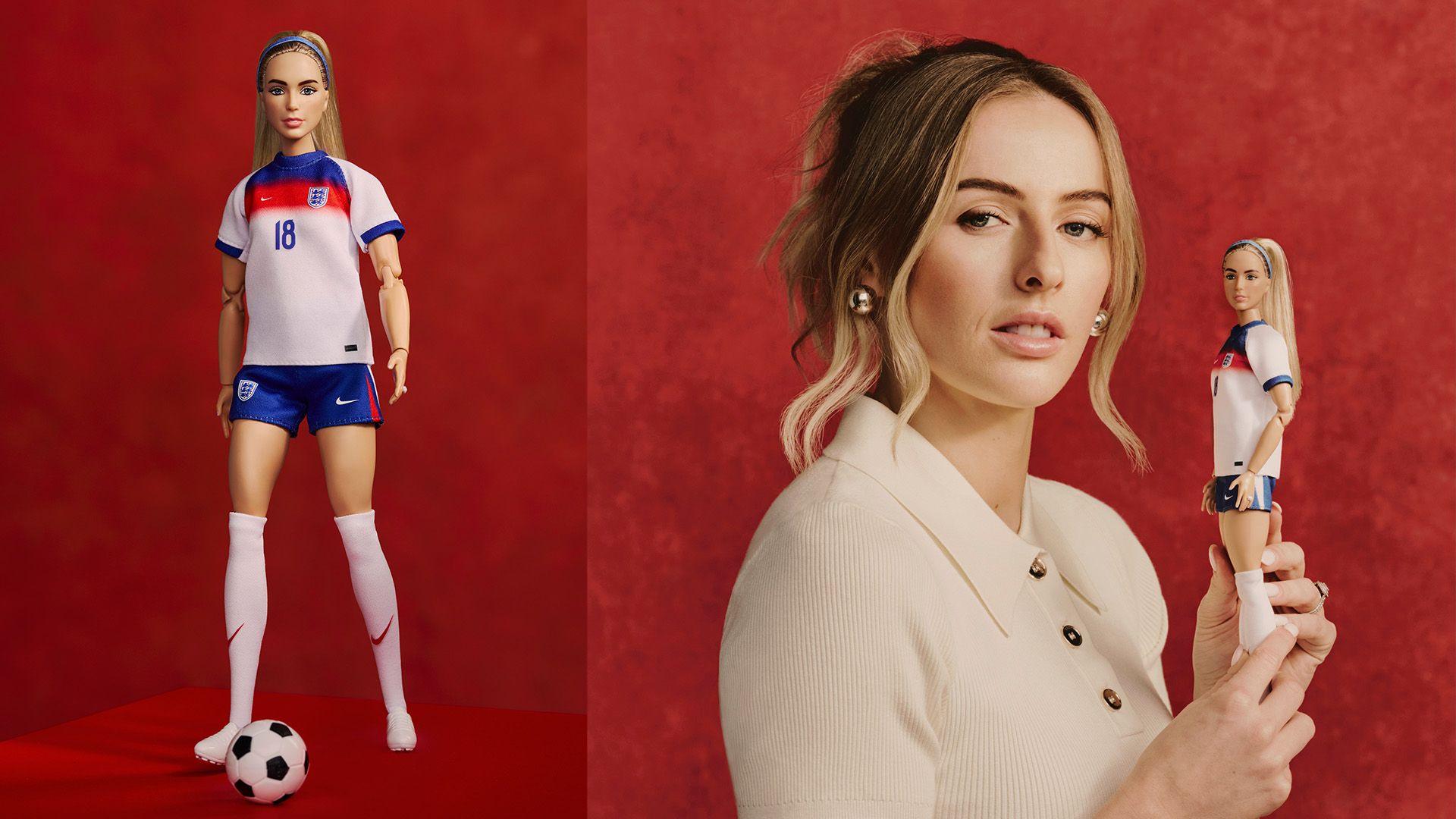 Photo on the left: A barbie doll wears the Lioness team kit. It has blonde hair in a long pony tail and has a football in front of it. Photo on the right: Chloe Kelly wears a cream jumper with a collar and buttons. She is holding her barbie and looking at the camera. 