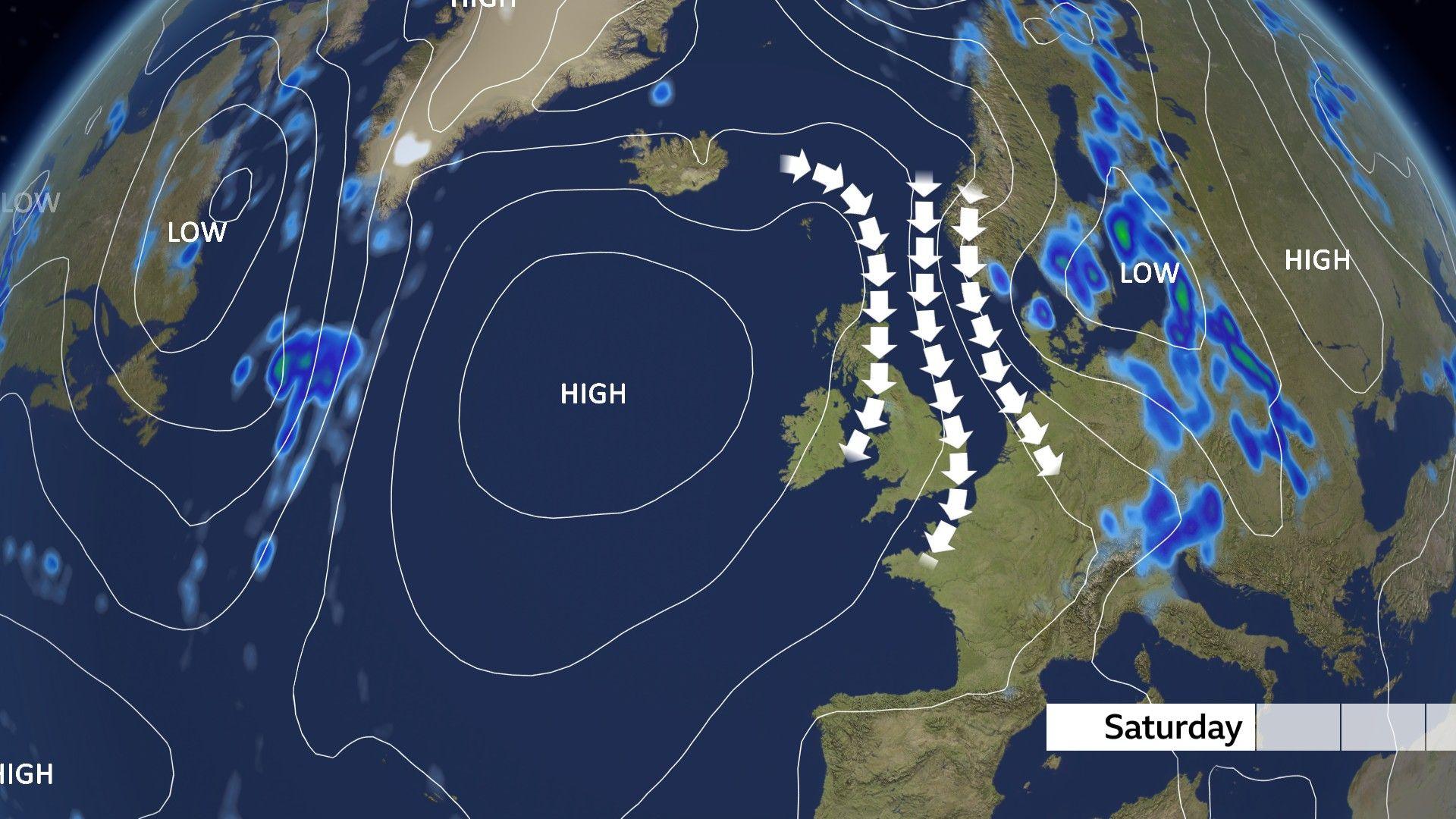 Pressure map showing northerly winds over the UK.