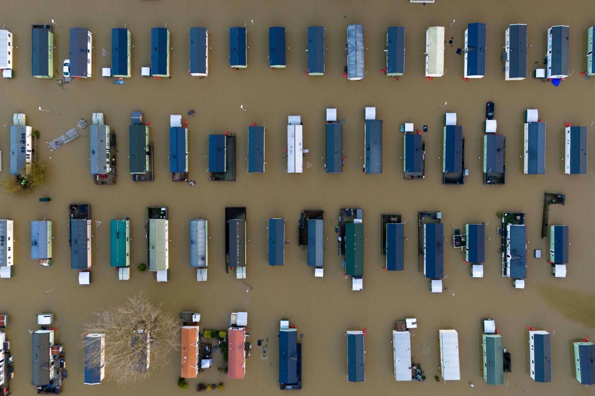 Flooded caravans at Billing Aquadrome Holiday Park near Northampton, Northamptonshire, seen from above