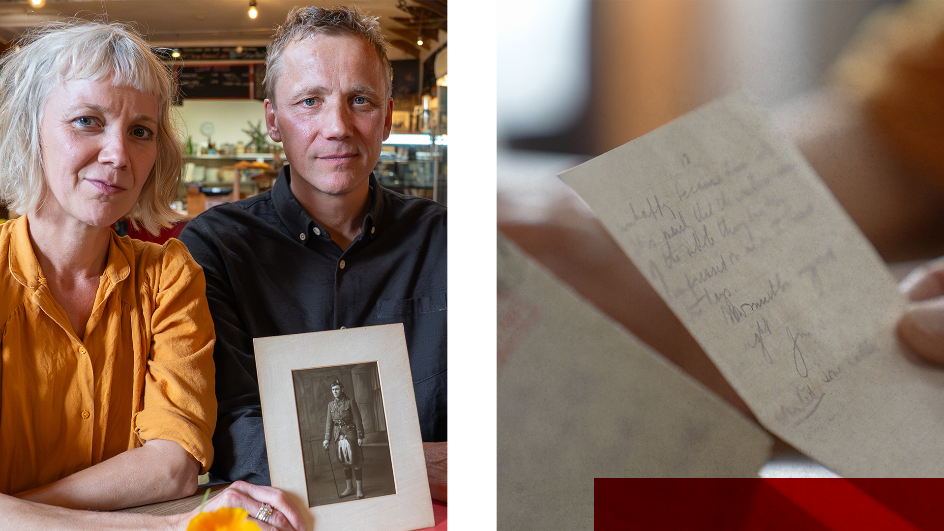 A composite of two images. The image on the left shows a woman in a yellow blouse sitting next to a man with short hair and a navy shirt. They are both holding a paper photograph showing a soldier wearing a kilt and military cap. The photo on the right is a hand-written letter being held in a person's hands.