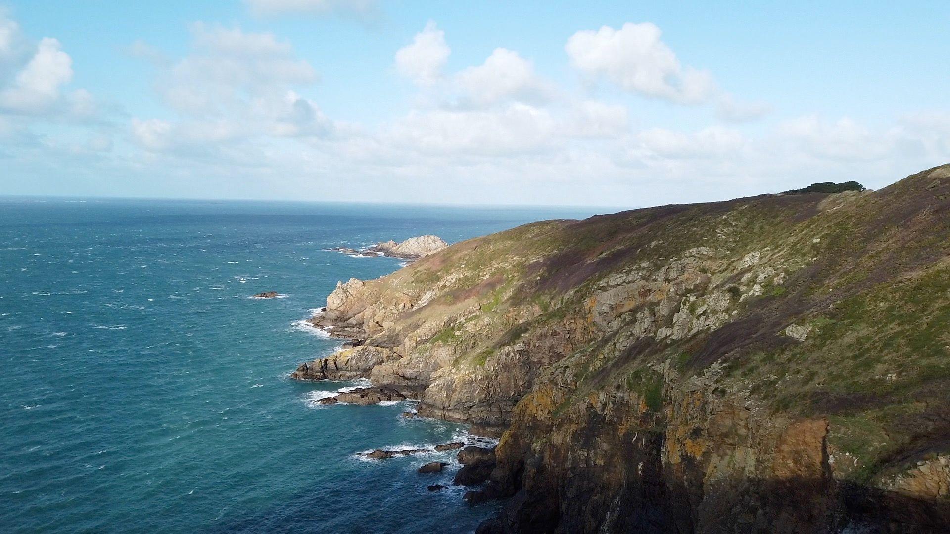 A rocky coastline with sea and a steep cliff dotted with greenery.