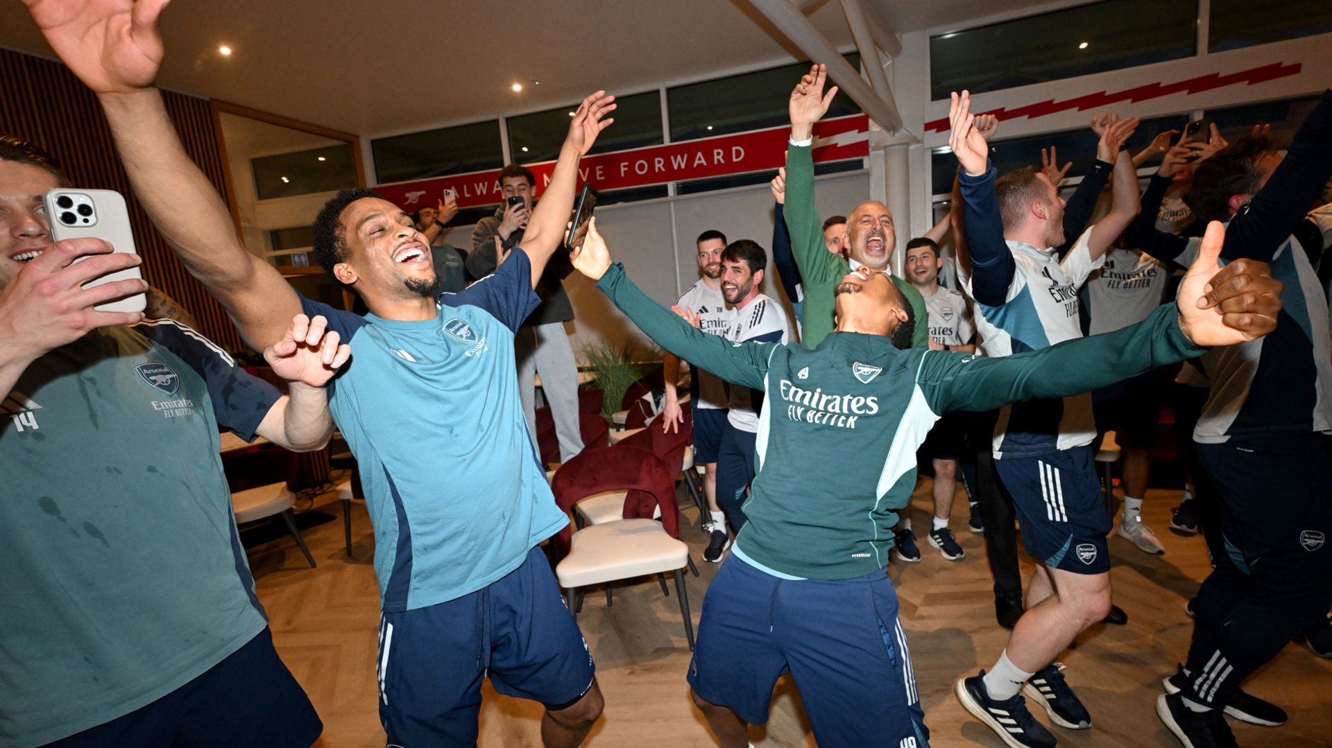 Jurrien Timber and Myles Lewis-Skelly of Arsenal celebrate