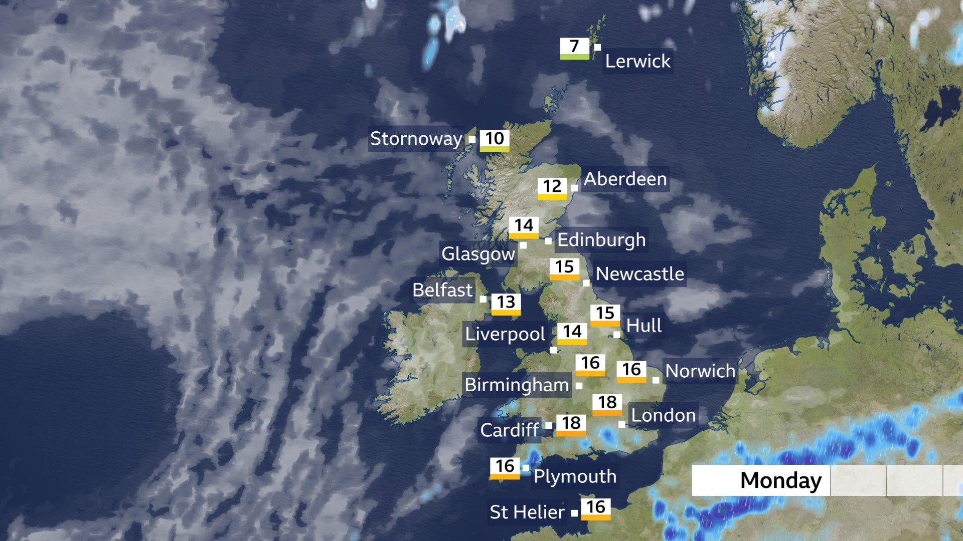 A map showing temperatures and showers across the UK
