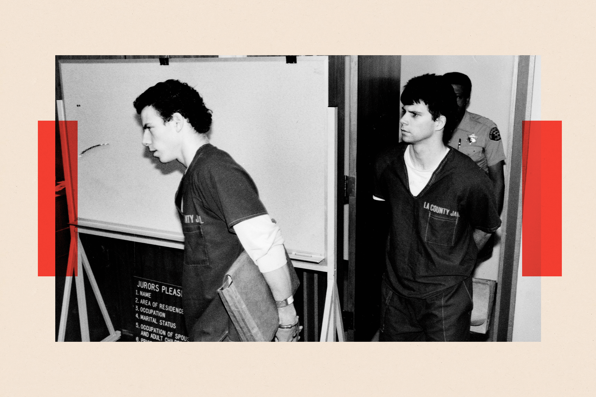 Lyle and Erik Menendez are shown walking together, with Erik slightly ahead of Lyle. Both are wearing prison jumpsuits and handcuffs, while a prison officer follows closely behind. 