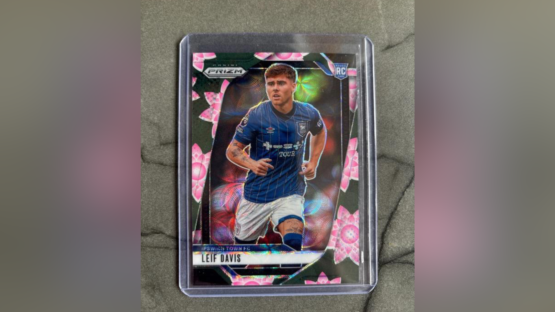 A Leif Davis trading card. The footballer is pictured on the card wearing his Ipswich Town strip.