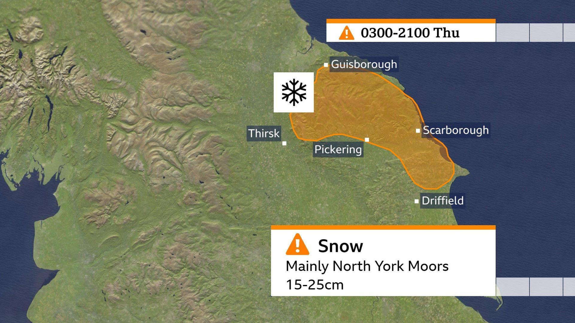 Map showing the location of the amber warning for snow on the North Yorks Moors on Thursday
