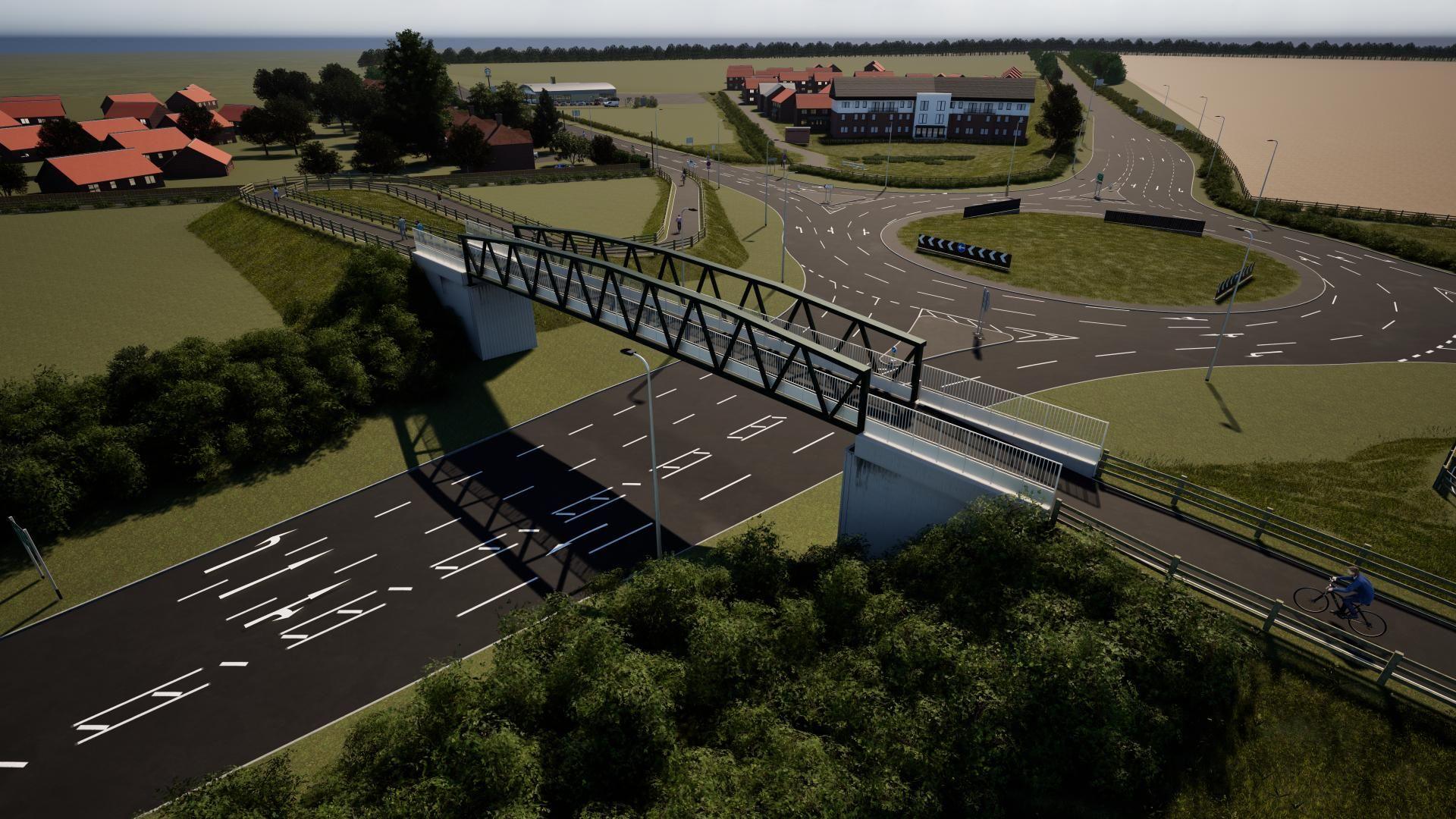Artist's computer-generated impression showing an aerial view of a roundabout with a footbridge over one of the junctions. There are houses and fields in the background.