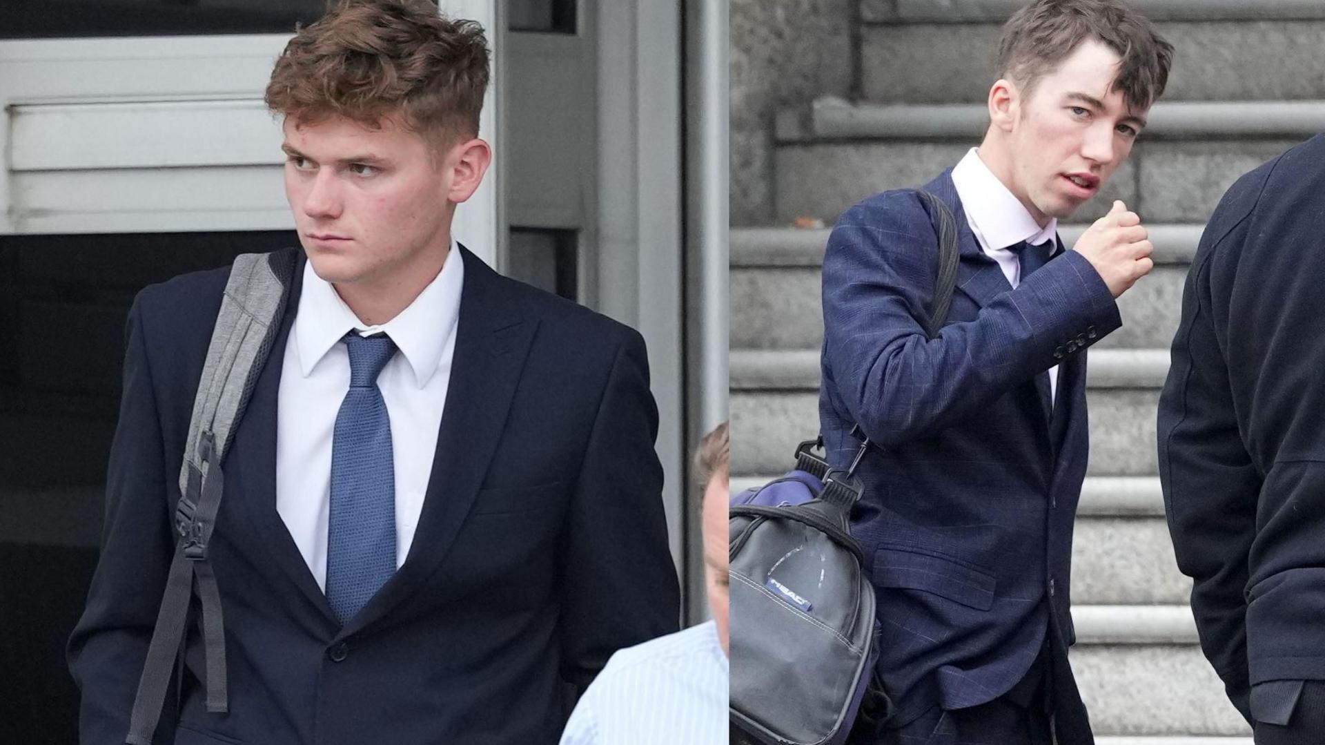 Two young men outside court in blue suits with bags over their shoulder