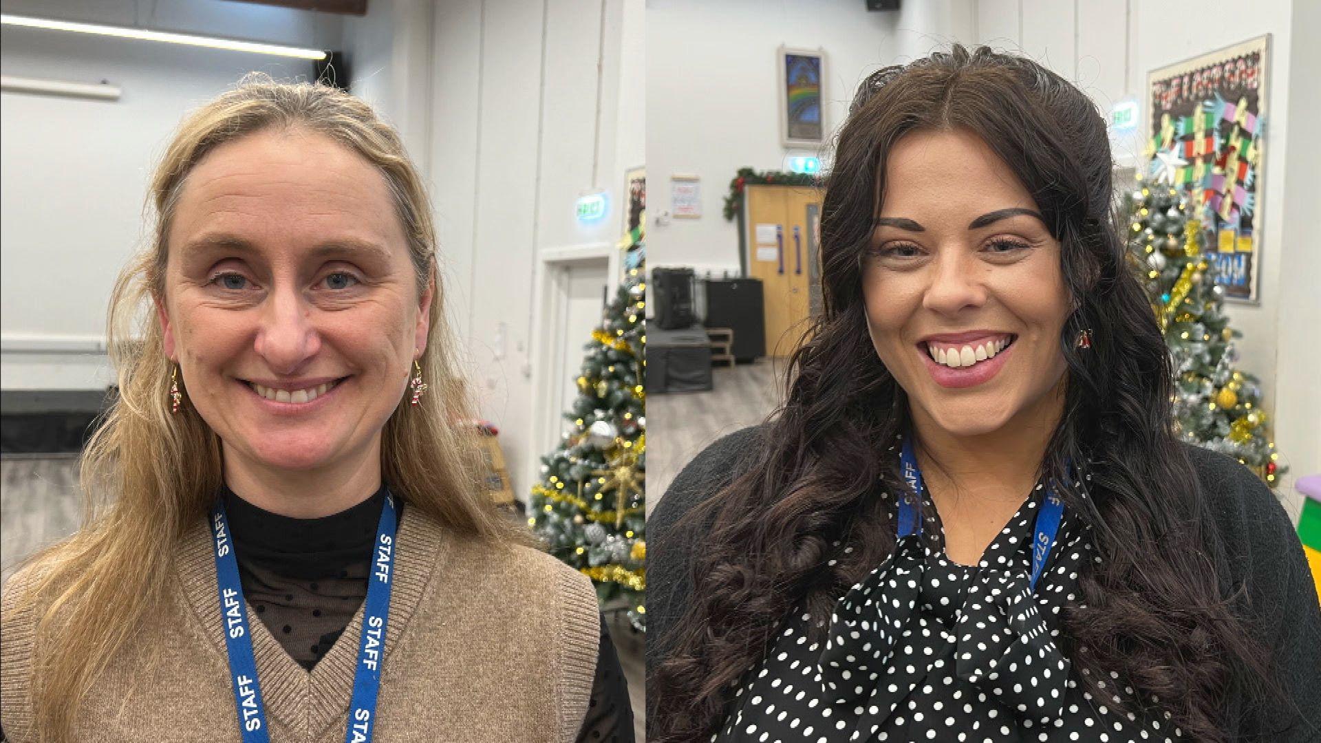 On the left-hand side is Hannah. She has blonde shoulder length hair and is smiling at the camera and wearing a blue lanyard. On the right is Stacey. She has long dark brown hair, and is also smiling in the camera. There are Christmas trees behind them.
