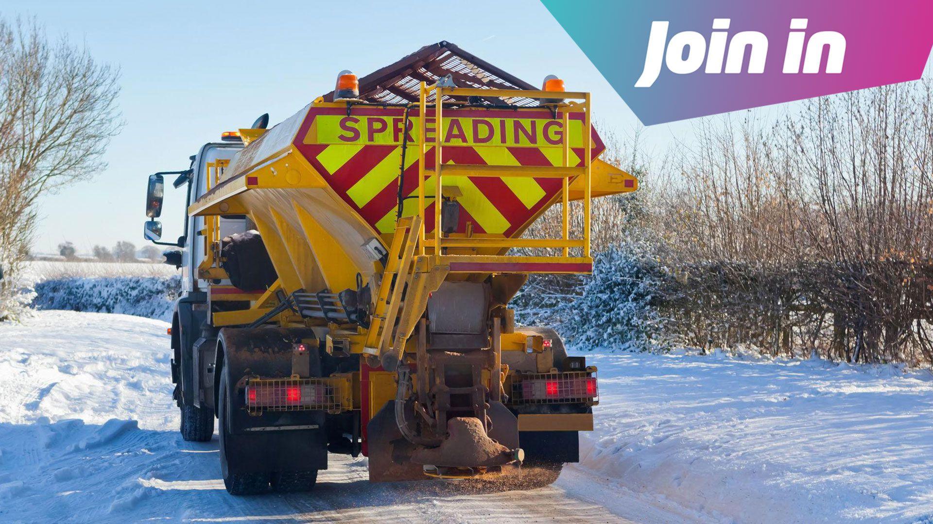A gritter truck on a snowy road, with text reading Join In on the top right corner of the image