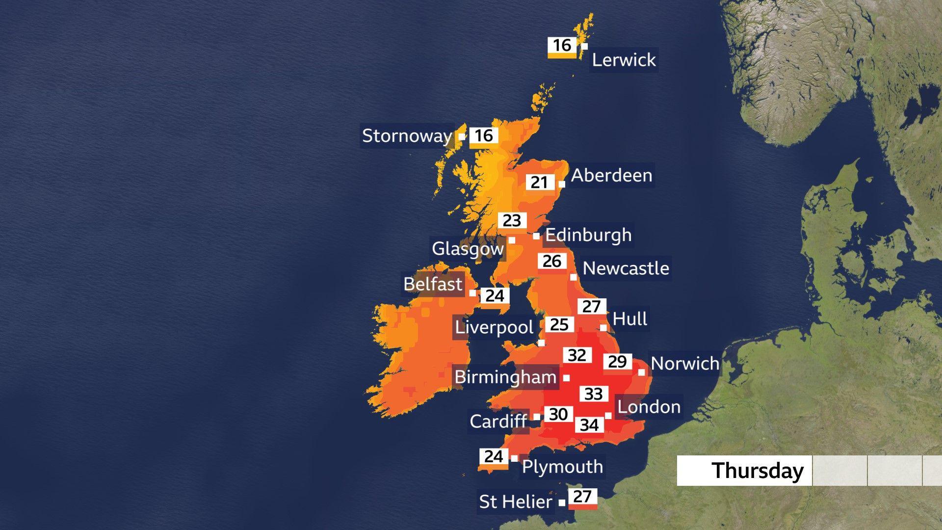 A temperature map for Thursday showing heat reaching the mid 30s Celsius in parts of the south with areas in the north of the UK reach into the mid 20s Celsius