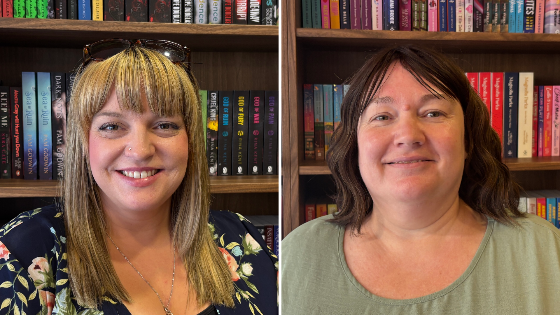 Ellie White and Carrie McGovern. Ellie has blonde hair that is medium length with a fringe. She is wearing a floral dress that is navy with pink peonies and roses, and she has a pair of tortoiseshell sunglasses on the top of her head. Behind her is a bookcase, and three shelves are visible. Each is full with an array of books in different colours and genres. Carrie is wearing a sage green dress. She has shoulder, length brown hair that is curled, with side bangs. Behind her is a bookcase, and three shelves are visible. Each is full with an array of books in different colours and genres.