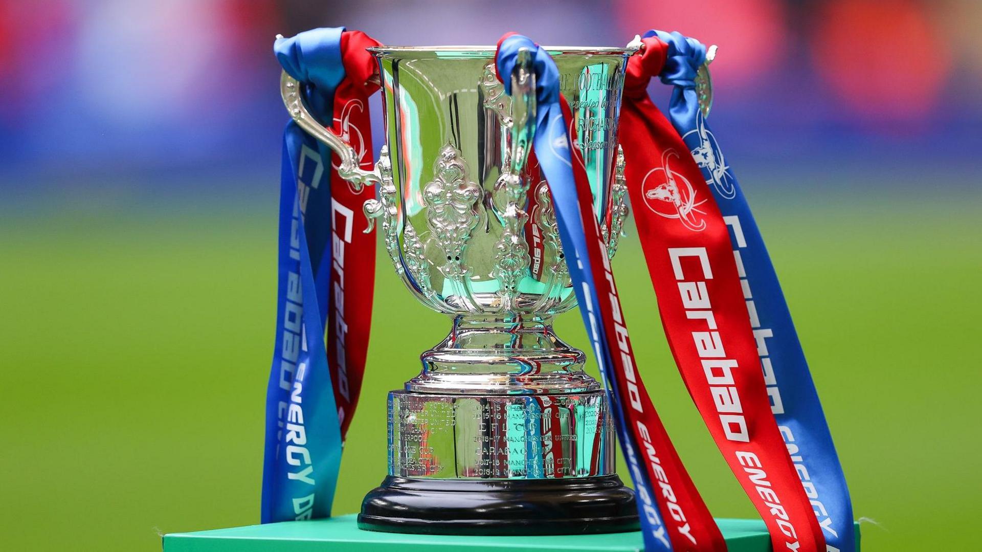 Carabao Cup on a plinth before the 2023-24 final between Liverpool and Chelsea at Wembley