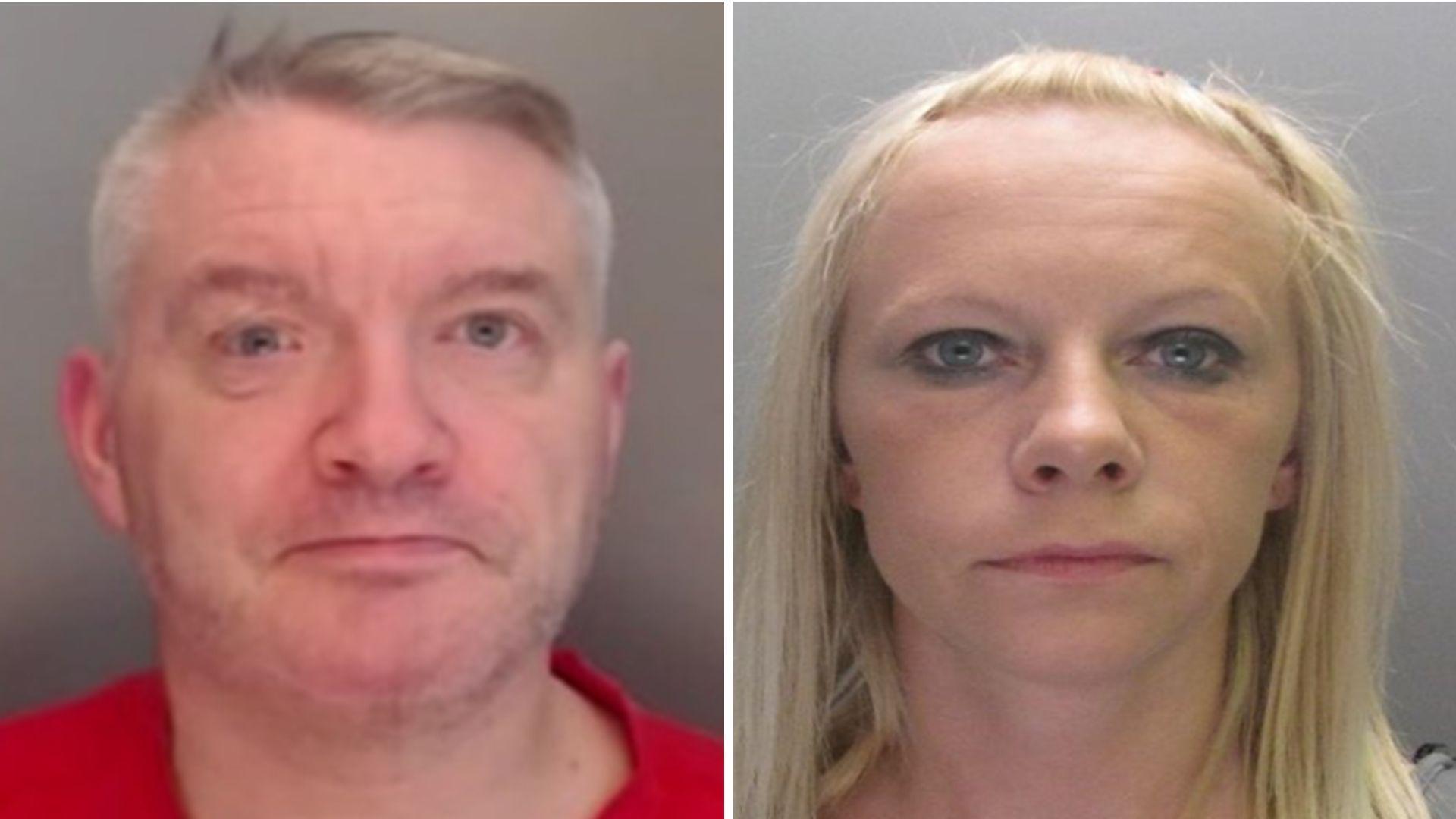 Mugshots of Brian Stoker and Sarah Leigthon. Brian has very faint stubble and a wide face with eyes set far apart like his son, and has short grey hair. Sarah has a large exposed forehead and long blonde hair.