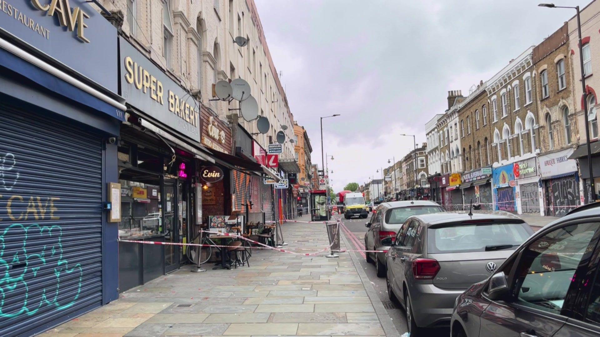 The scene outside a restaurant in Kingsland High Street, Dalston