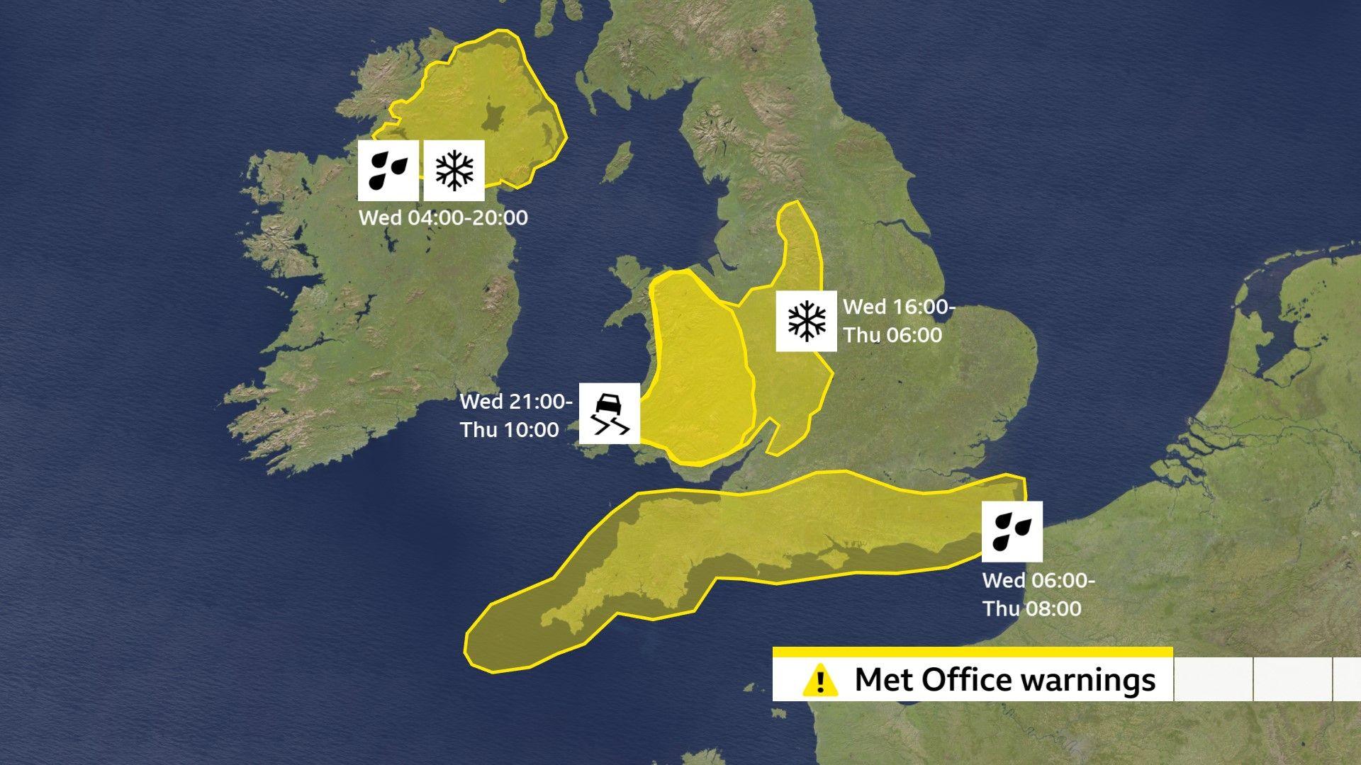 A weather map showing Met Office yellow warnings in Northern Ireland, Wales, central and southern England.